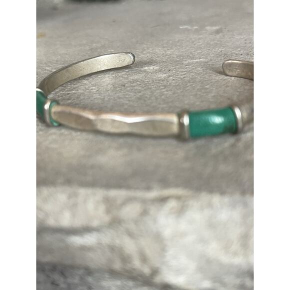 Vintage Sterling Silver Minimalist Cuff Bracelet Green Leather Wrapped Inlay - Picture 7 of 10